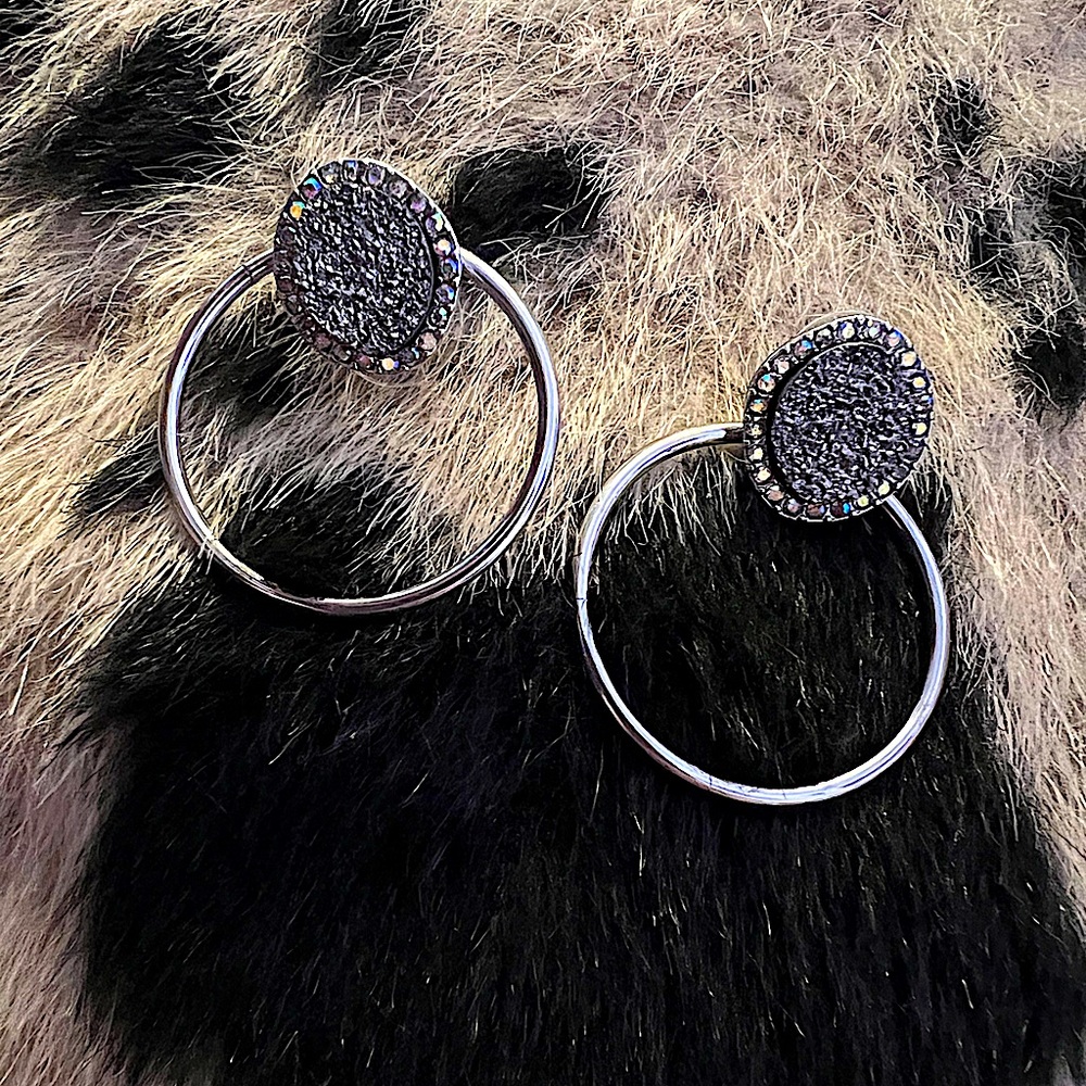 NWT Boutique Boho Druzy & Rhinestone Hoop Silver Statement Earrings